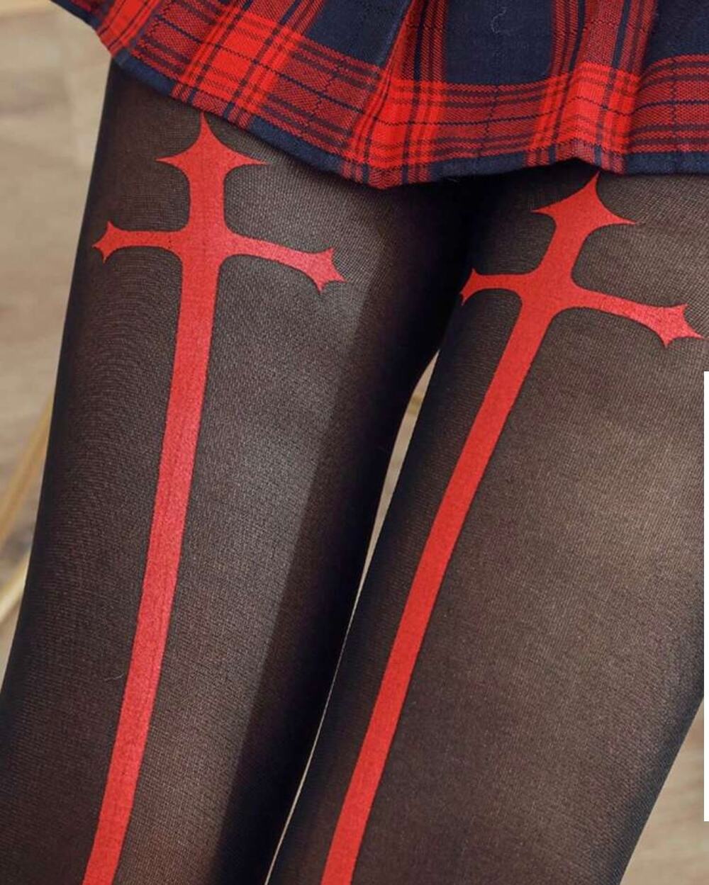 NWT Black & Red Gothic Cross Print Tights